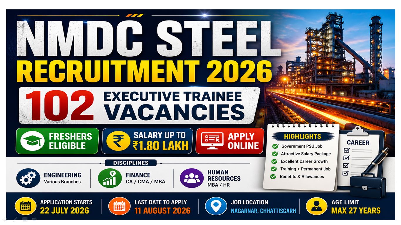 NMDC Steel Executive Trainee Recruitment 2026 Notification Out – 102 Vacancies | Salary Up to ₹1.80 Lakh | Freshers Eligible | Apply Online