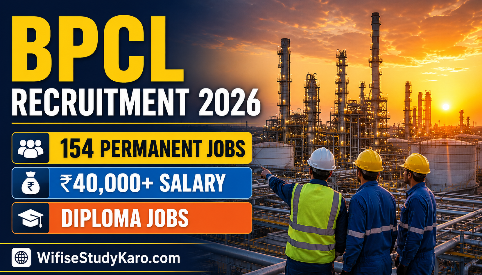 BPCL Recruitment 2026 with 154 permanent Diploma vacancies, ₹40,000+ salary, and opportunities at Mumbai and Kochi refineries