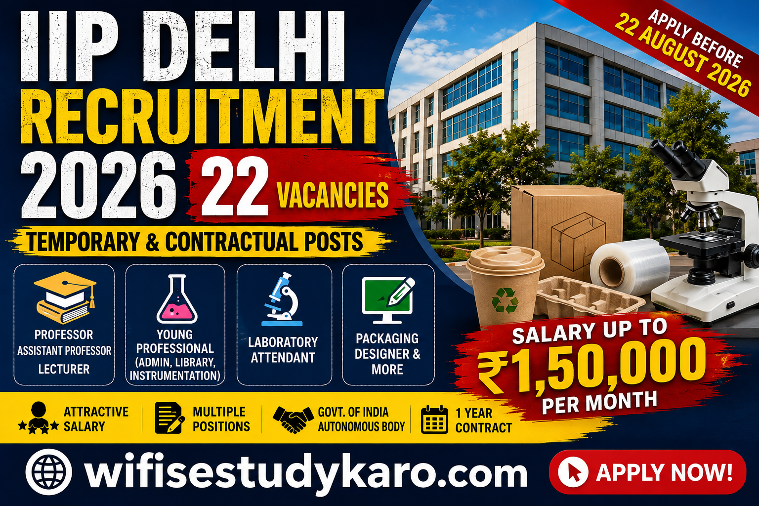 IIP Delhi Recruitment 2026 featured image showing 22 temporary and contractual vacancies, salaries up to ₹1.50 lakh per month, Professor, Assistant Professor, Young Professional, Laboratory Attendant and Packaging Designer posts, with application deadline 22 August 2026 and wifisestudykaro.com branding.